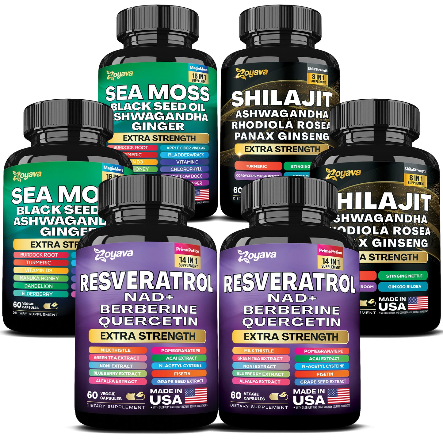 Elevate Your Vitality Trio: Resveratrol, Sea Moss 16-in-1 Magic Moss Super Blend, and Shilajit Power ShilaStrength Blend