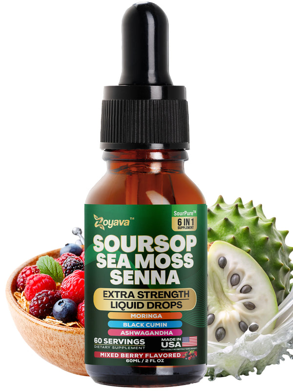 Zoyava Soursop Flavored Drops - All-in-One Supplement of SourPure Blend with Sea Moss, Senna Leaf Extract, and 6+ Extra Strength Ingredients - Made in USA - 60mL