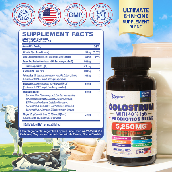 Highly Potent Bovine Colostrum Capsules - 5250 MG with 40% IgG & Probiotics for Immunity, Gut Health, and General Wellness