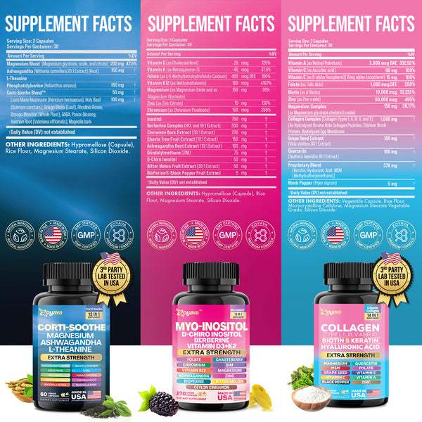 She Shines Set - Zoyava Ultimate Women's All-in-One Supplement with Corti-Soothe, Myo-Inositol, Collagen & Extra Strength Ingredients