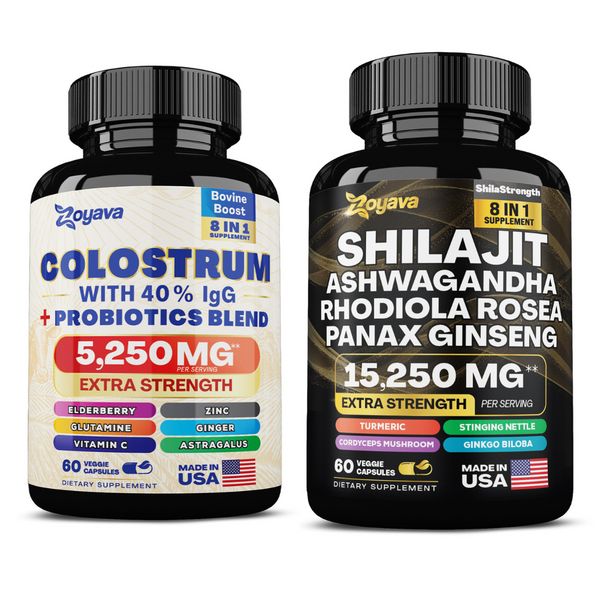 Powerful Duo for Immunity, Gut Health, and Vitality: Bovine Colostrum Capsules (5250MG) & Shilajit Power ShilaStrength Blend (15,250MG)