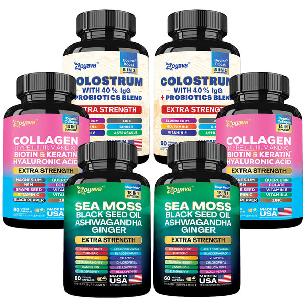 Radiant Beauty Trio- Bovine Colostrum Supplement 5250 MG, Sea Moss 16-in-1 Magic Moss Super Blend - 19,445MG, and Cosmic Collagen Beauty Complex - 64,000MCG