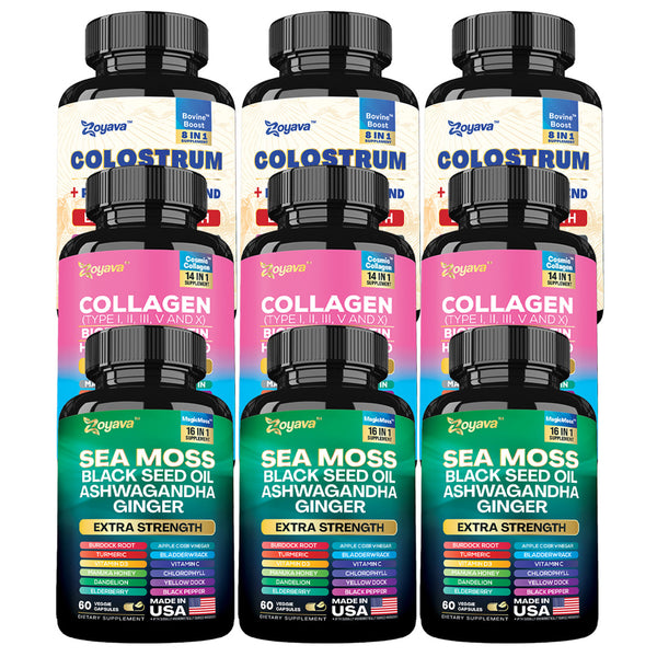 Radiant Beauty Trio- Bovine Colostrum Supplement 5250 MG, Sea Moss 16-in-1 Magic Moss Super Blend - 19,445MG, and Cosmic Collagen Beauty Complex - 64,000MCG