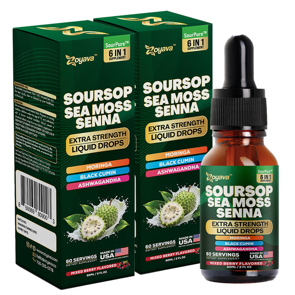 Zoyava Soursop Flavored Drops - All-in-One Supplement of SourPure Blend with Sea Moss, Senna Leaf Extract, and 6+ Extra Strength Ingredients - Made in USA - 60mL