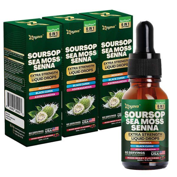 Zoyava Soursop Flavored Drops - All-in-One Supplement of SourPure Blend with Sea Moss, Senna Leaf Extract, and 6+ Extra Strength Ingredients - Made in USA - 60mL