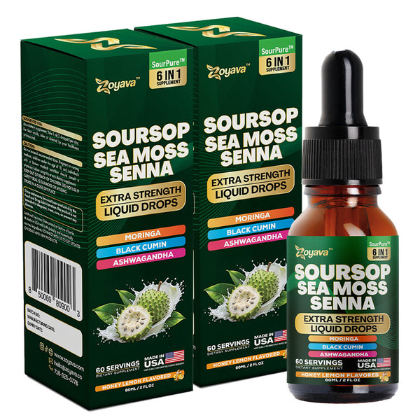 Zoyava Soursop Flavored Drops - All-in-One Supplement of SourPure Blend with Sea Moss, Senna Leaf Extract, and 6+ Extra Strength Ingredients - Made in USA - 60mL