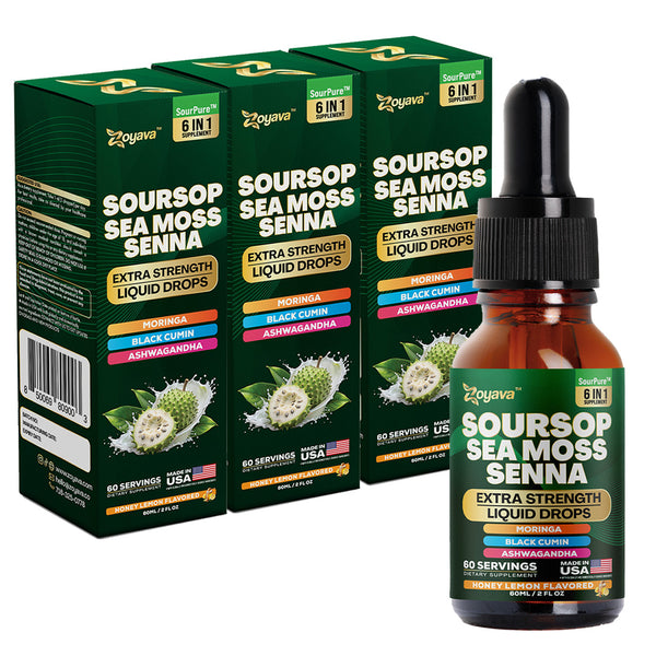 Zoyava Soursop Flavored Drops - All-in-One Supplement of SourPure Blend with Sea Moss, Senna Leaf Extract, and 6+ Extra Strength Ingredients - Made in USA - 60mL