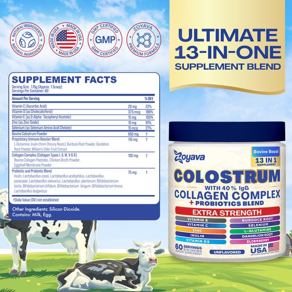 Zoyava Colostrum Powder – 40% IgG, 13-in-1 Extra Strength Formula with Collagen, Probiotics & Immune Support