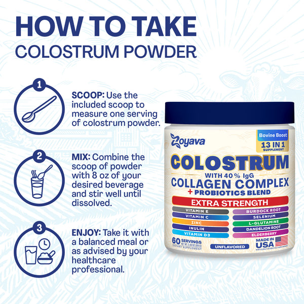 Zoyava Colostrum Powder – 40% IgG, 13-in-1 Extra Strength Formula with Collagen, Probiotics & Immune Support