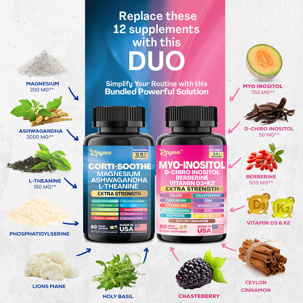 Zoyava Soothe and Smooth Bundle: Cortisol 60 and Myo-Inositol 90 Capsules Supplement Bundle