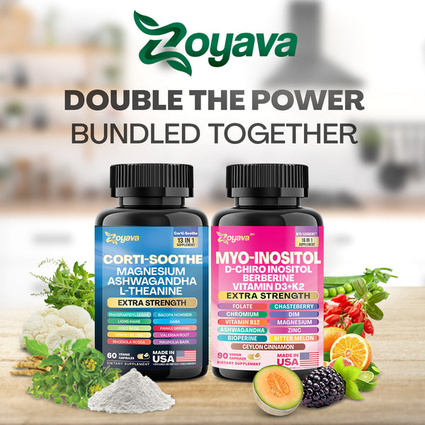 Zoyava Soothe and Smooth Bundle: Cortisol 60 and Myo-Inositol 90 Capsules Supplement Bundle