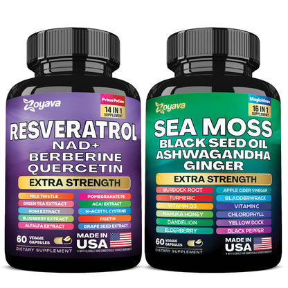Youthful Vitality Duo: Revitalize Resveratrol 21,000MG & Sea Moss 16-in-1 Magic Moss Super Blend 19,445MG