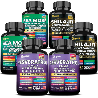 Elevate Your Vitality Trio: Resveratrol, Sea Moss 16-in-1 Magic Moss Super Blend, and Shilajit Power ShilaStrength Blend