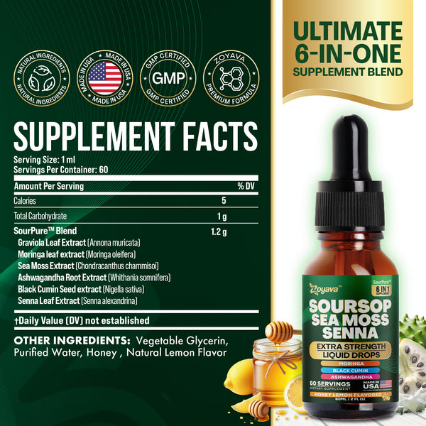Zoyava Soursop Flavored Drops - All-in-One Supplement of SourPure Blend with Sea Moss, Senna Leaf Extract, and 6+ Extra Strength Ingredients - Made in USA - 60mL