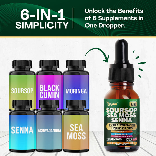 Zoyava Soursop Flavored Drops - All-in-One Supplement of SourPure Blend with Sea Moss, Senna Leaf Extract, and 6+ Extra Strength Ingredients - Made in USA - 60mL