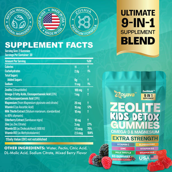 Zoyava Zeolite Kids Detox Gummies Mixed Berry Flavored All-in-One 60 Gummies for Detox, Immunity, and Overall Wellness