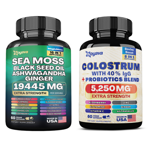 Vitality Fusion Duo: Highly Potent Bovine Colostrum Capsules 5250MG & Sea Moss 16-in-1 Magic Moss Super Blend Capsules 19,445MG